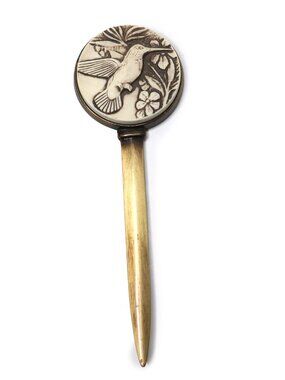 Vintage Hummingbird Letter Opener Faux Cinnabar Scrimshaw Style Made in Canada